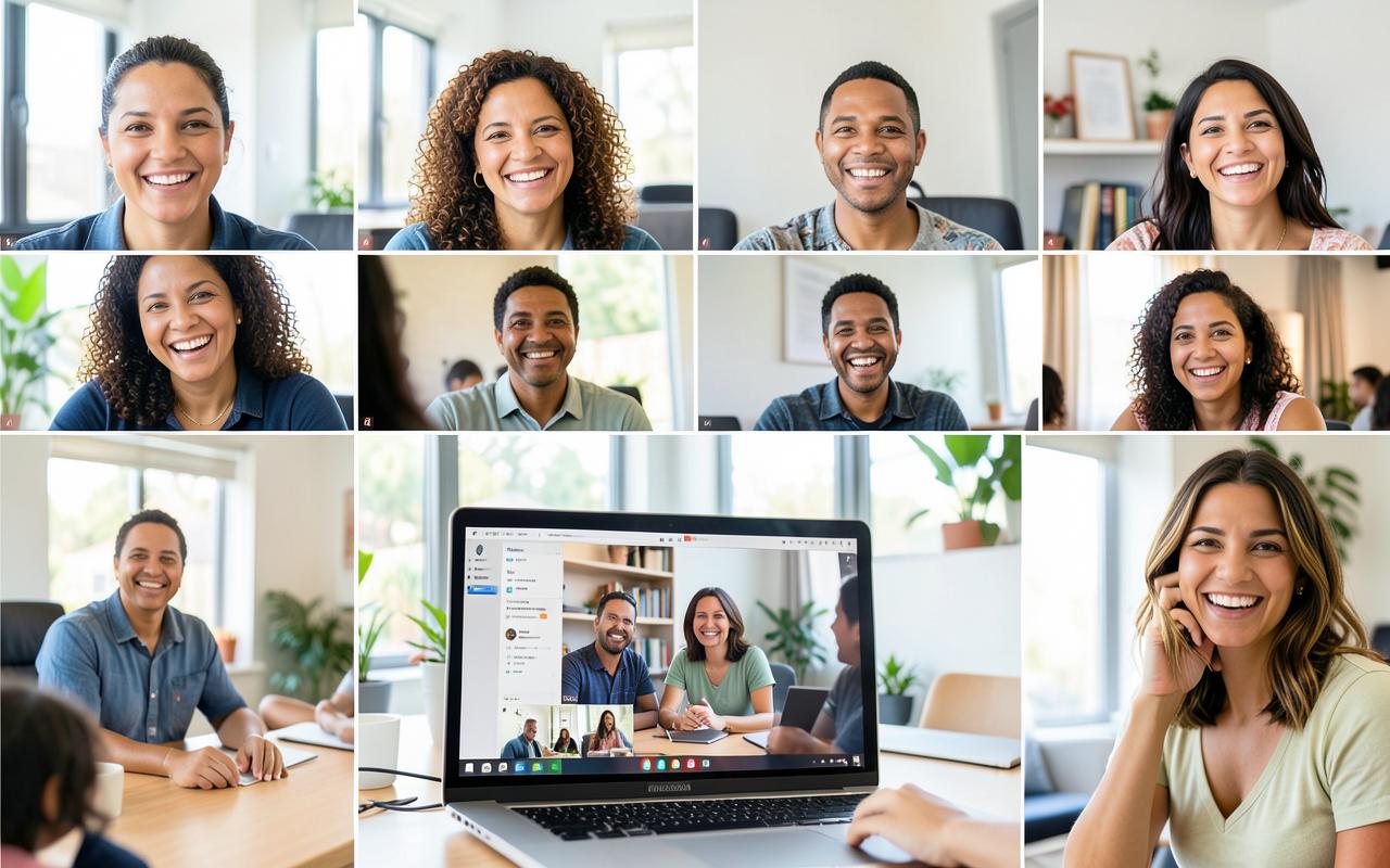 Alunos sorrindo em uma aula ao vivo por videochamada